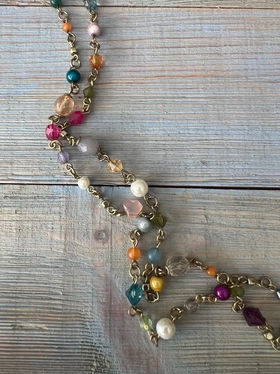 3pc Spring Necklace Set Red Choker, Green Seed Bead, Long Gold Multicolor Layers - Picture 9 of 13